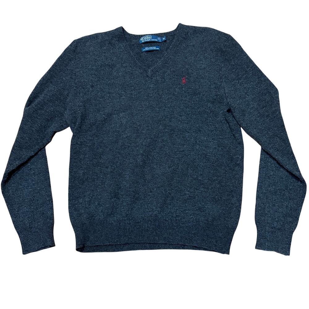 Polo Ralph Lauren Gray Lambswool Sweater Men's Medium V-Neck Italian Pullover